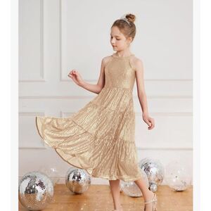 NEW Grace Karin Girls Gold Sequin Dress Halter Size 12 Sleeveless Formal NWT
